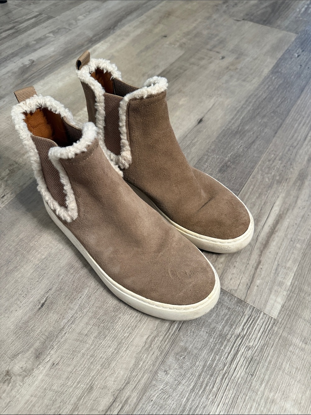 Lucky Brand Suede Taupe Slip-On Shearling-Trim Booties